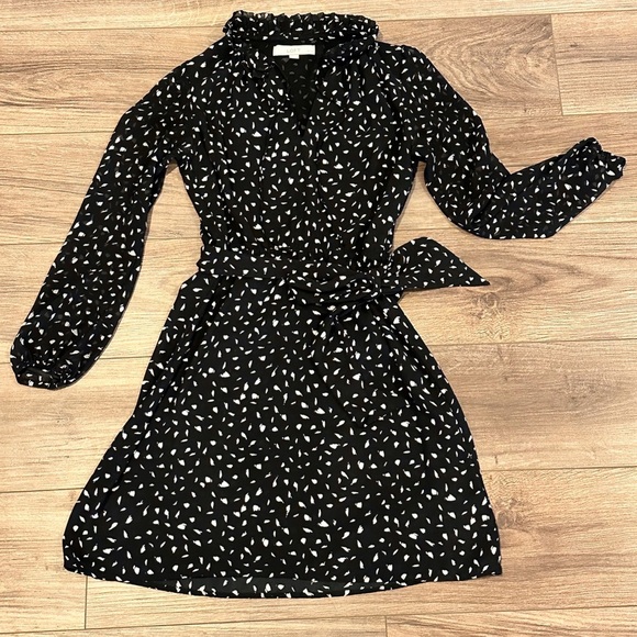 EUC Ann Taylor Loft Brushstroke Print Sheer Long Sleeve Tie Waist Dress 2 Petite - Picture 2 of 6